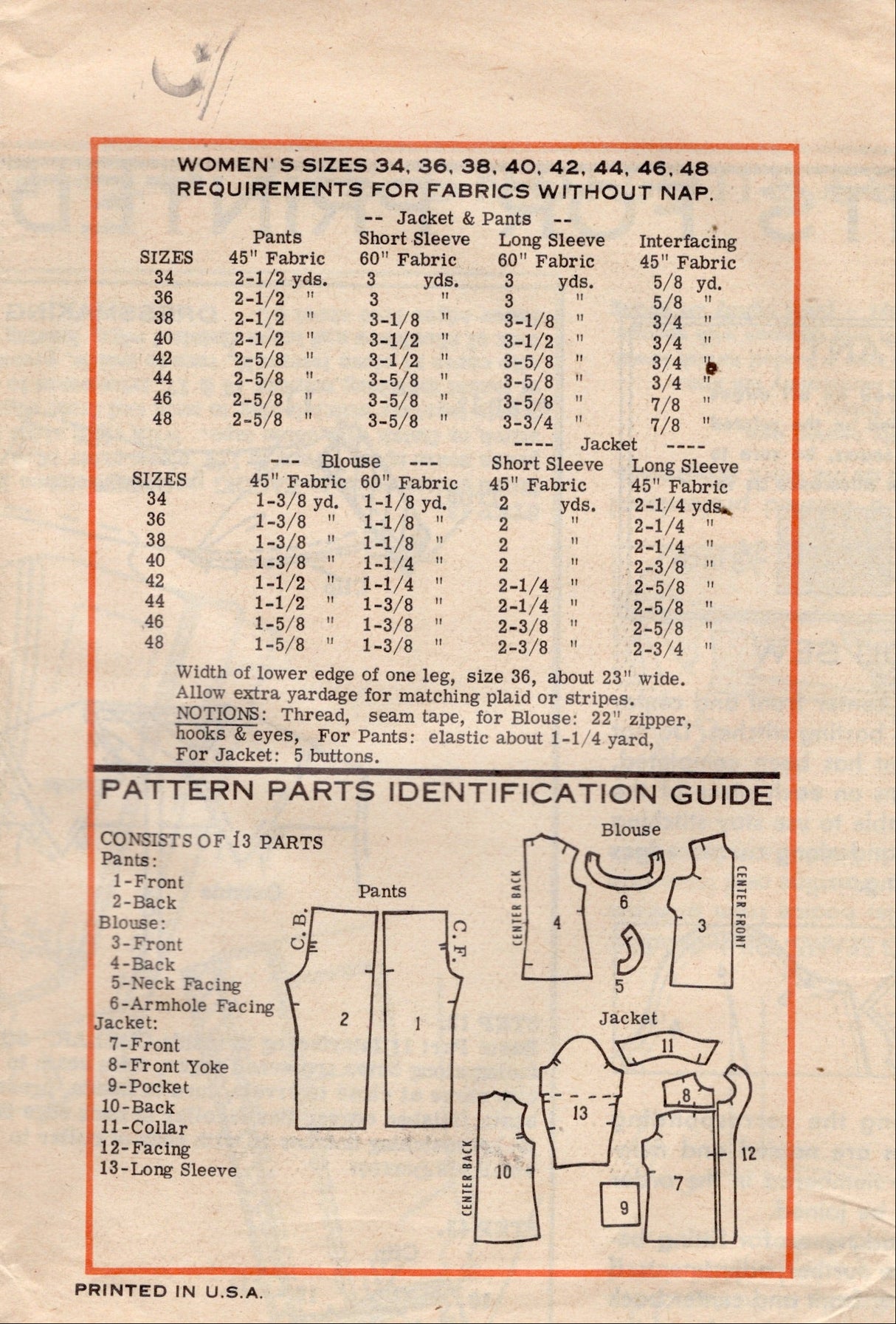 1970's Mail Order Blouse, Jacket and Pants pattern - Bust 46" - No. 4745