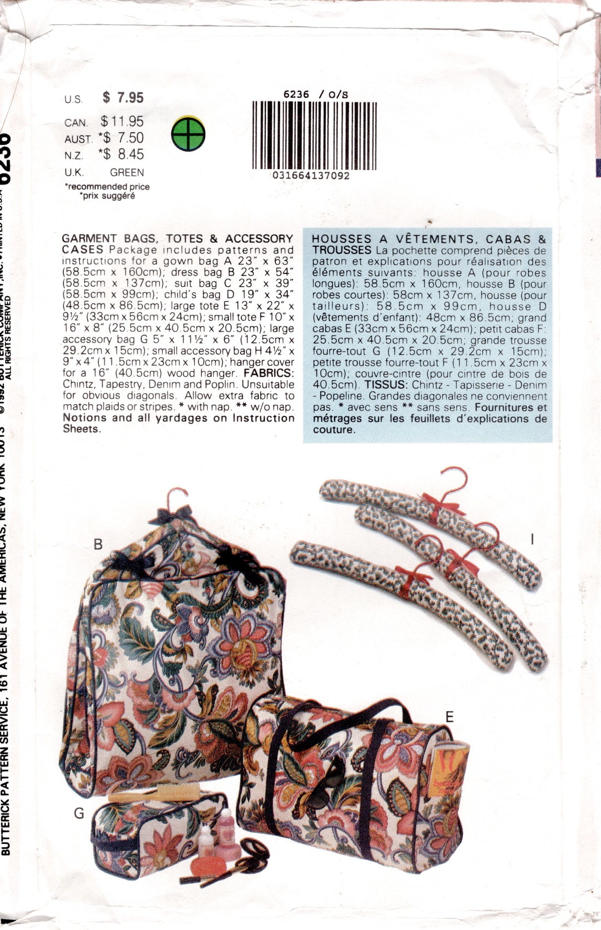 1990's Butterick Garment Bags, Totes and Accessories Pattern - OS- No. 6236