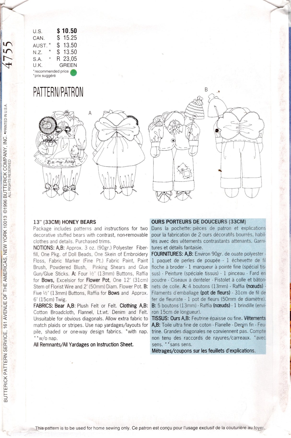 1990's Butterick Luv 'N Stuff Teddy Bear Dolls with Clothes pattern - UC/FF -  No. 4755