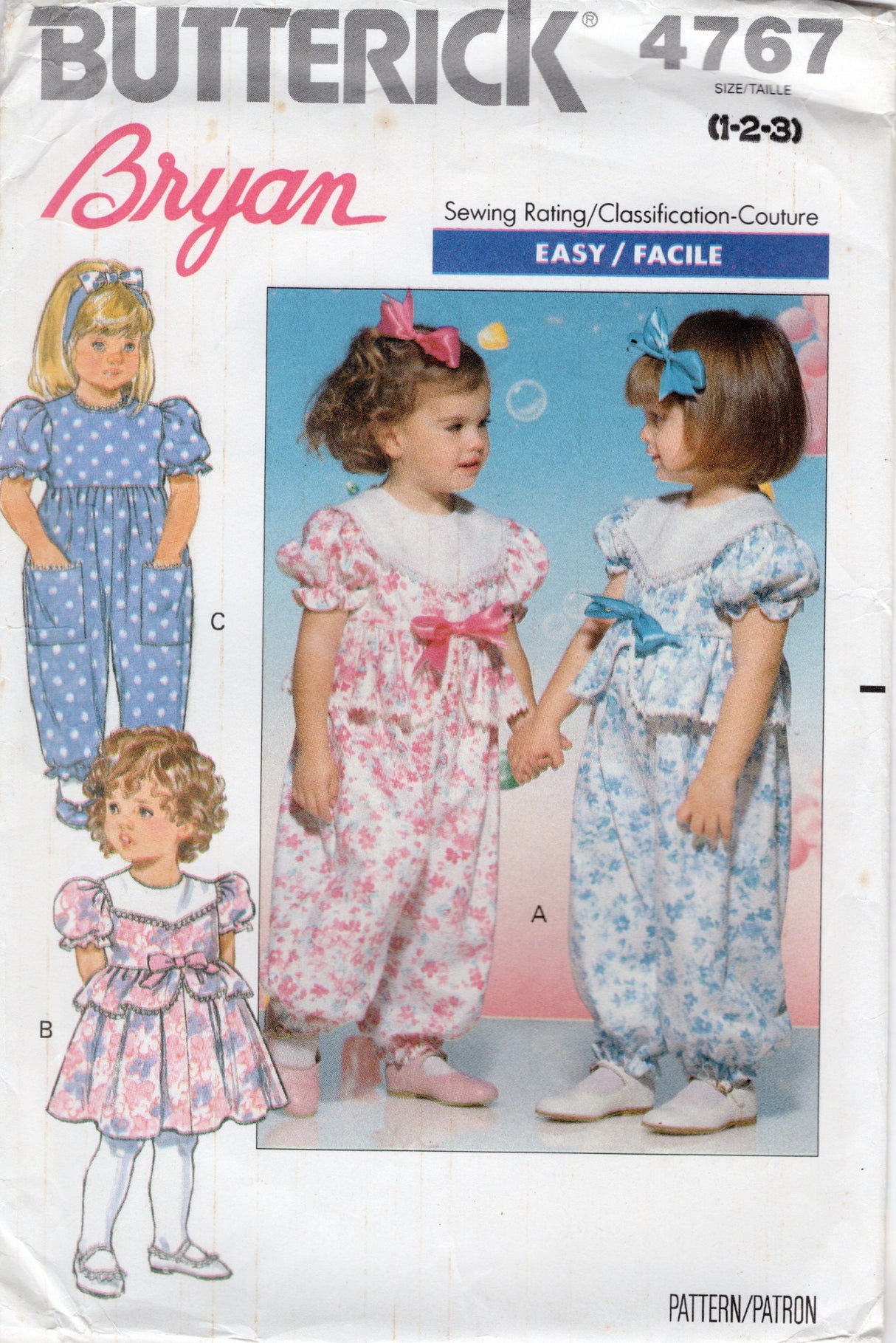 1990's Butterick Child's Jumpsuit with Large Collar - 1-2-3 yrs - Chest 20-22" - No. 4767
