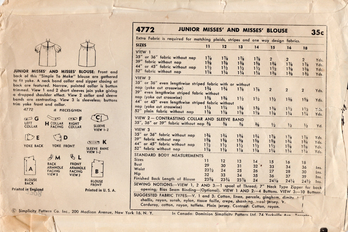 1950's Simplicity Large Yoked Blouse Pattern - Bust 31" - No. 4772