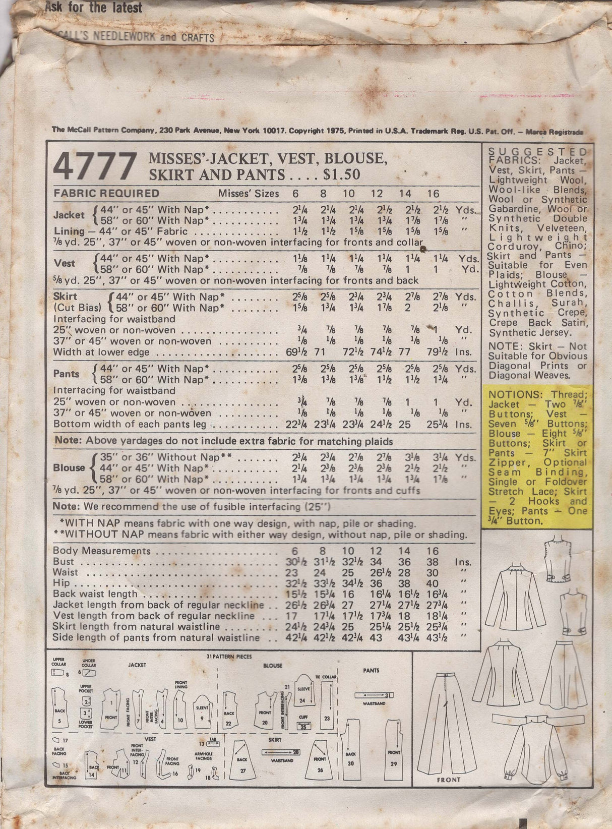 1970’s McCall’s Jacket, Vest, Blouse, Skirt & Pants Pattern - Bust 34" - No. 4777