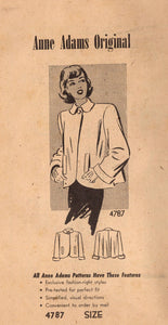 1940's Anne Adams Swing Coat or Jacket Pattern - Bust 30" - No. 4787