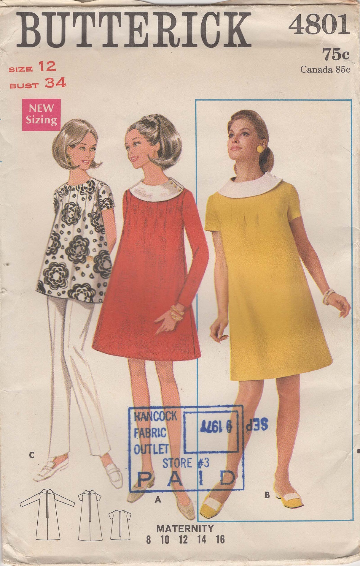 1960's Butterick Maternity Dress or Top Pattern - Bust 34" - No. 4801