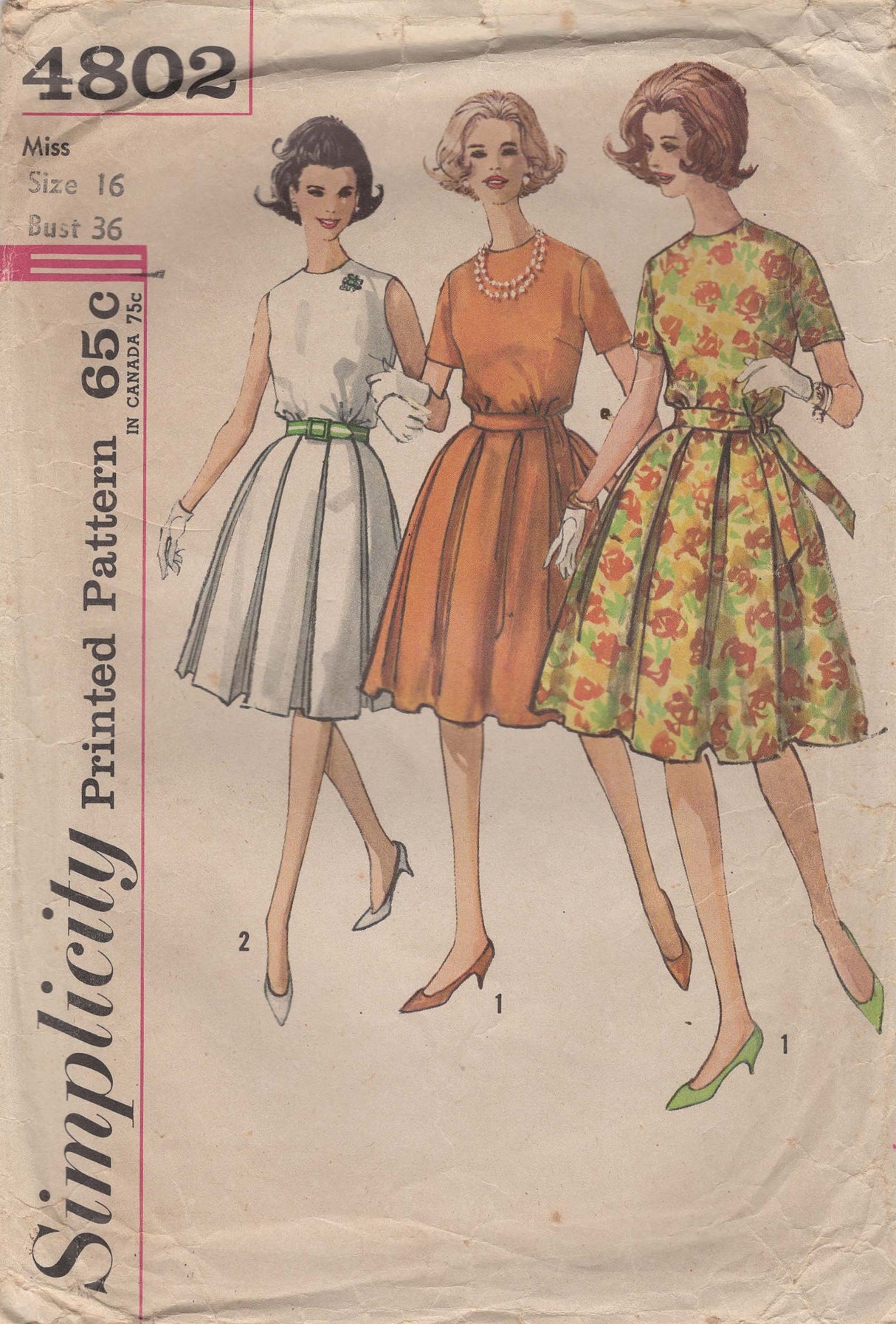 1960's Simplicity Fit and Flare Dress Pattern with Pleated Skirt - Bust 36" - No. 4802