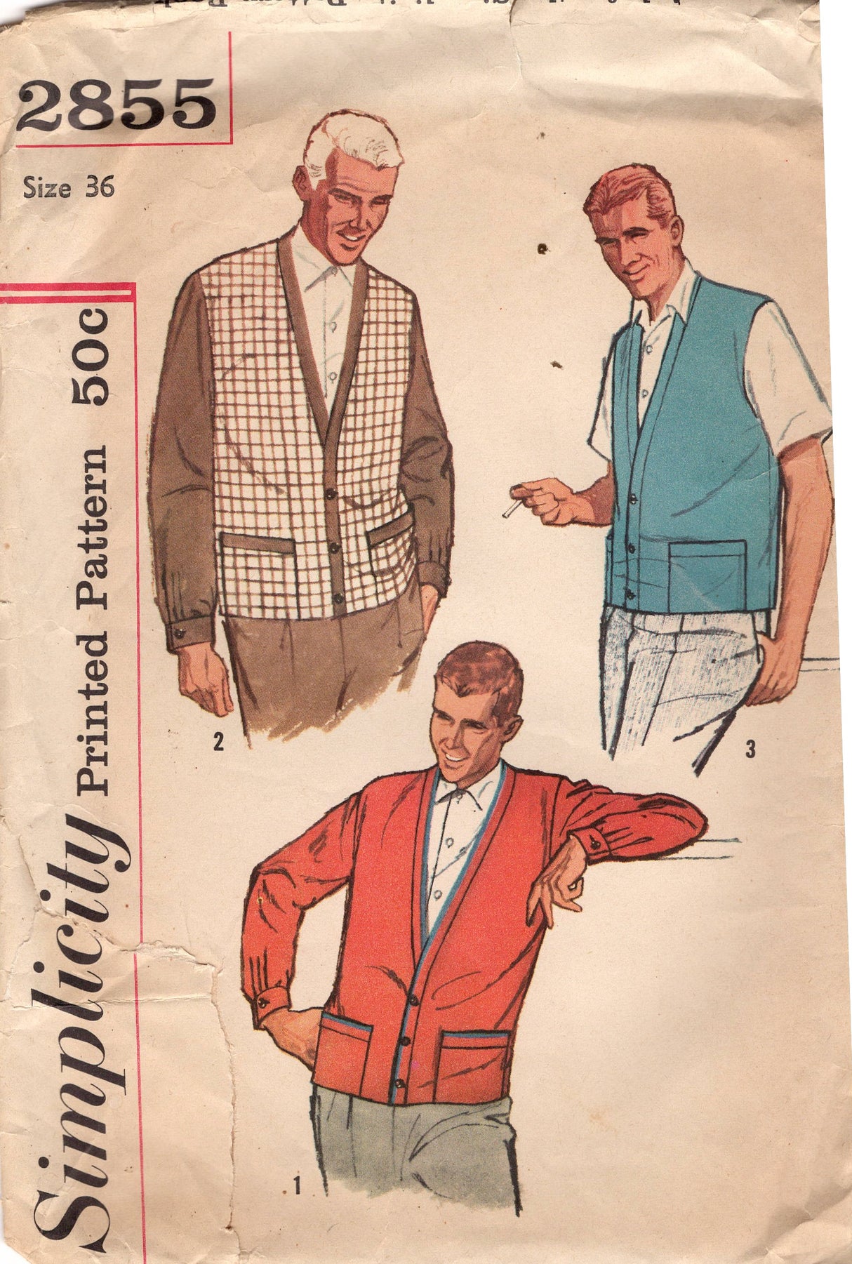 1950's Simplicity Men's Cardigan and Sleeveless Cardigan Pattern - Bust 38" - No. 2855