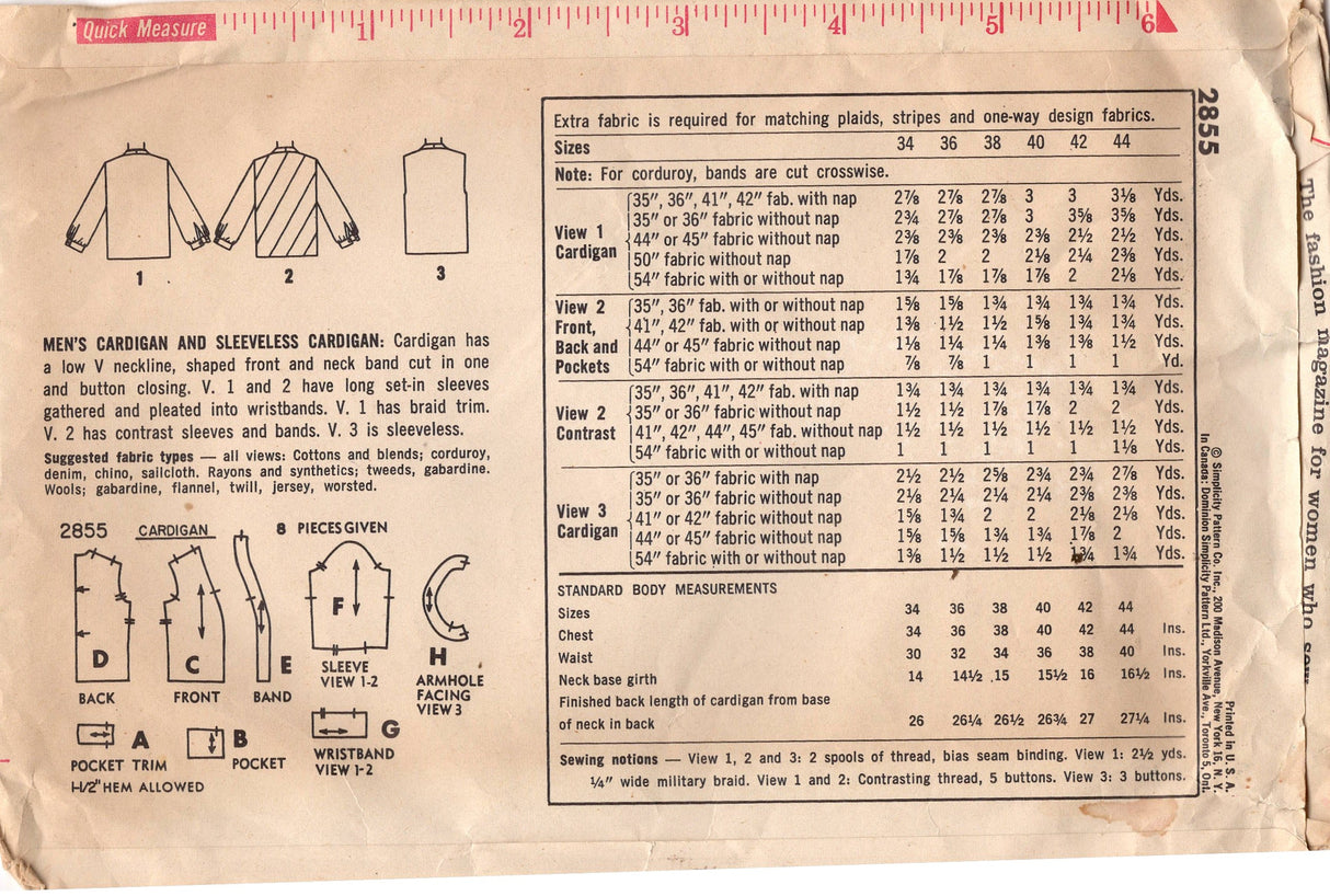 1950's Simplicity Men's Cardigan and Sleeveless Cardigan Pattern - Bust 38" - No. 2855