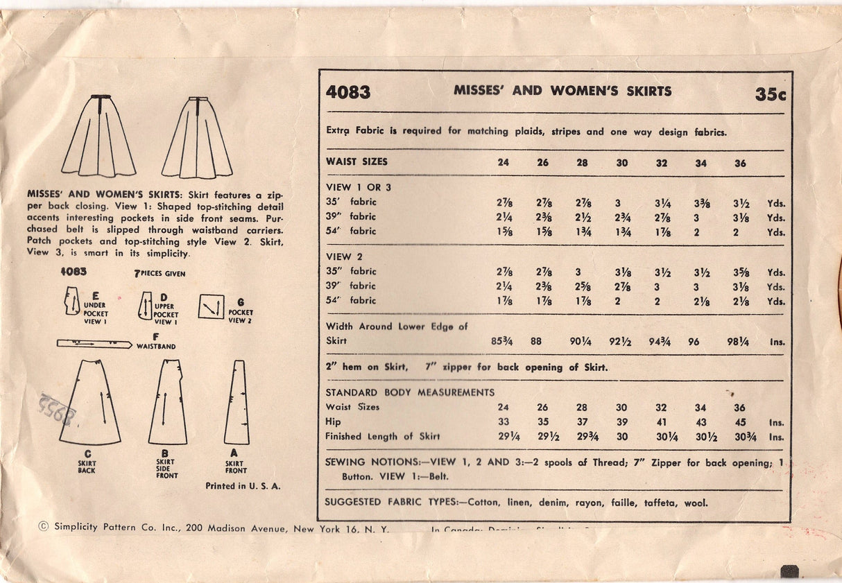 1950's Simplicity A-line Skirt with Pockets Pattern - Waist 28" - No. 4083