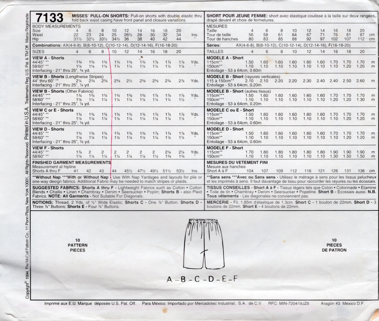 1990's McCall's Pull-on Wrap Shorts Pattern - Waist 22-24" - No. 7133