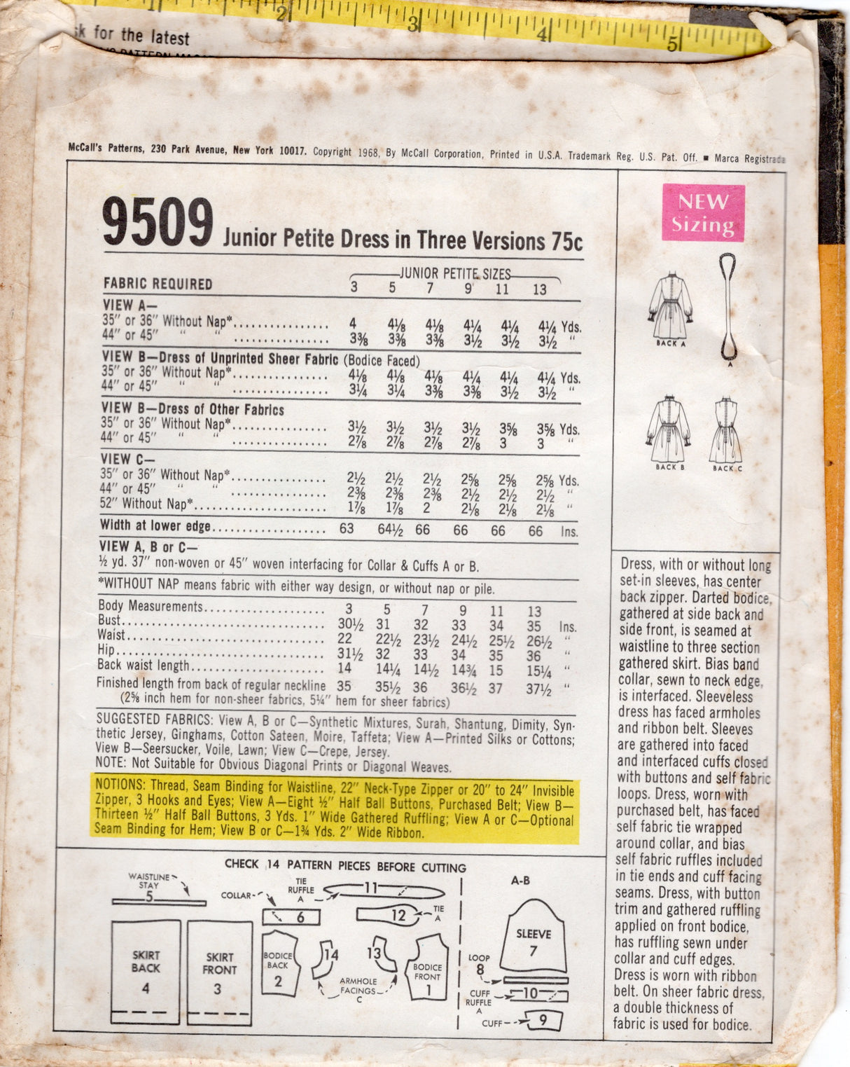 1960's McCall's One Piece Fit and Flare Dress Pattern with Stand Collar - Bust 31" - No. 9509