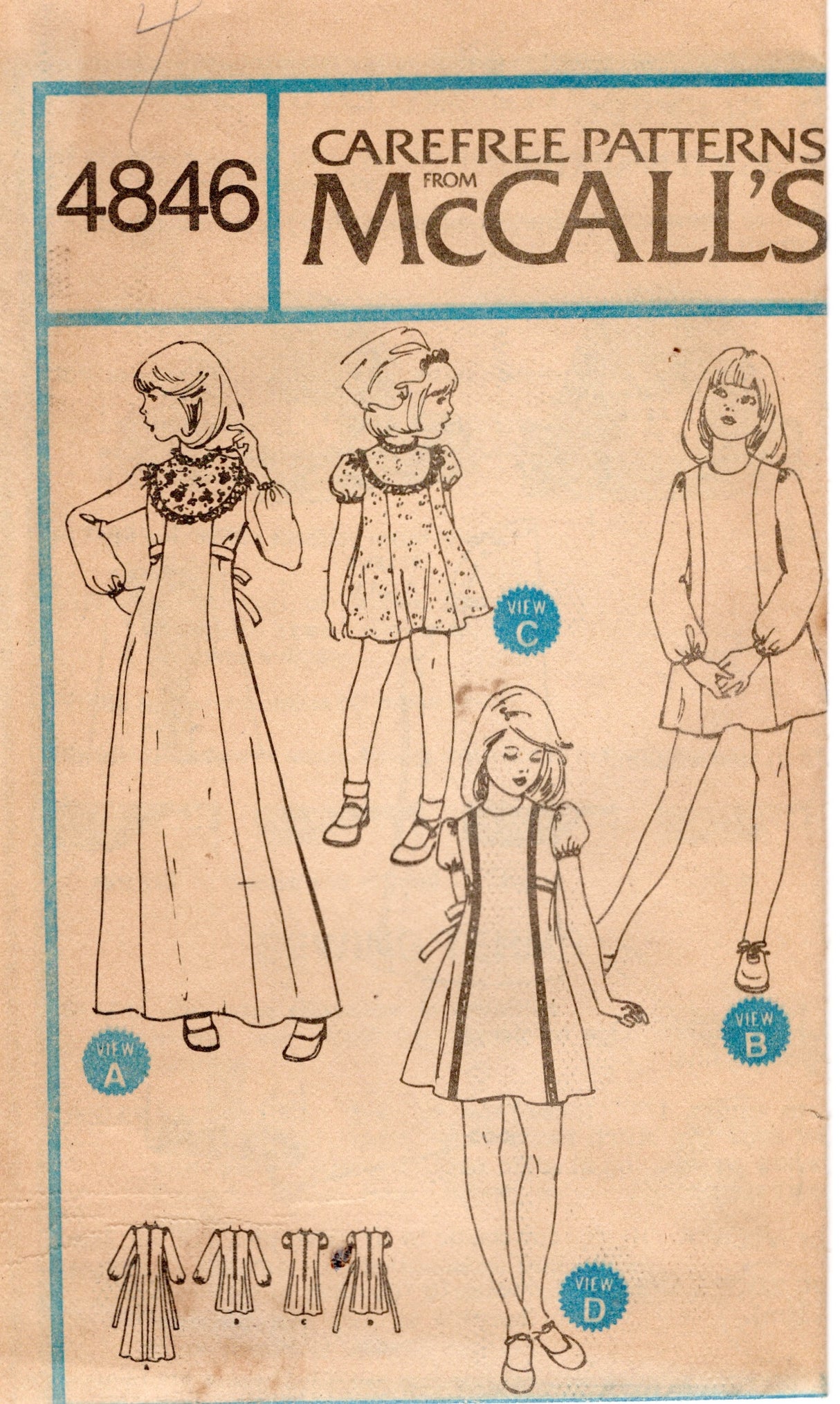 1970's McCall's Child's Yoked Dress in Two Lengths pattern - Chest 23-30" - No. 4846