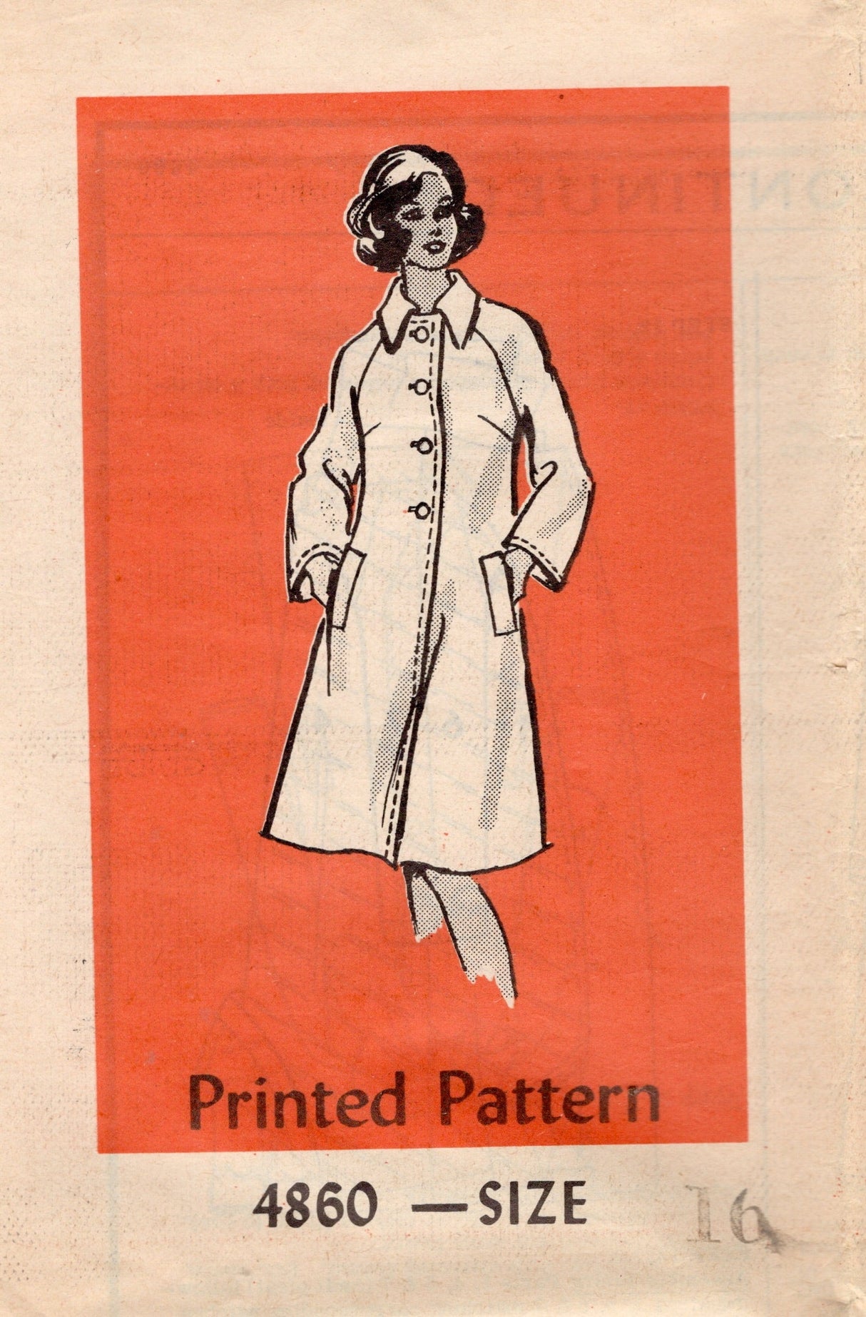 1970's Anne Adams Single Breasted Coat with Raglan Sleeves pattern - Bust 38" - No. 4860