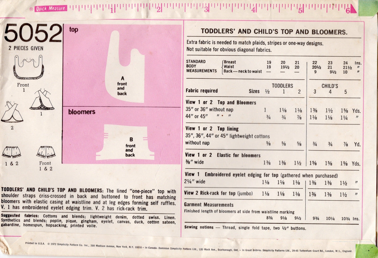 1970's Simplicity Child's Jiffy Crossover Dress and Bloomers - Chest 23" - No. 5052