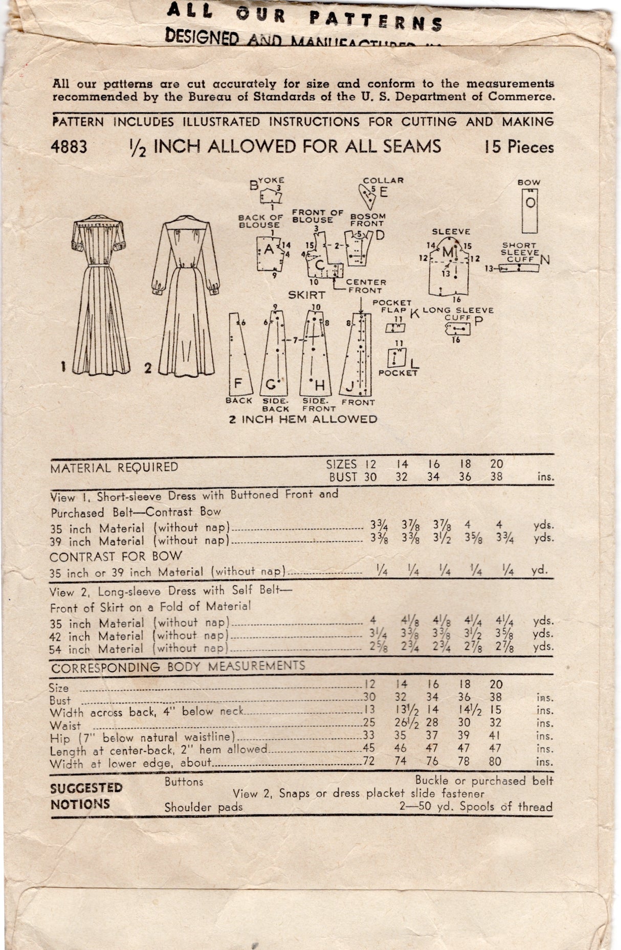 1940's Advance Button Up Dress Pattern with Large Yoke - Bust 38" - No. 4883