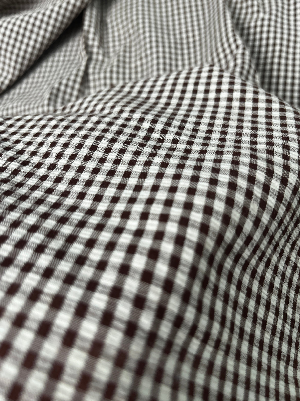 1970's Dark Brown and White Gingham Seersucker Fabric - (P249)