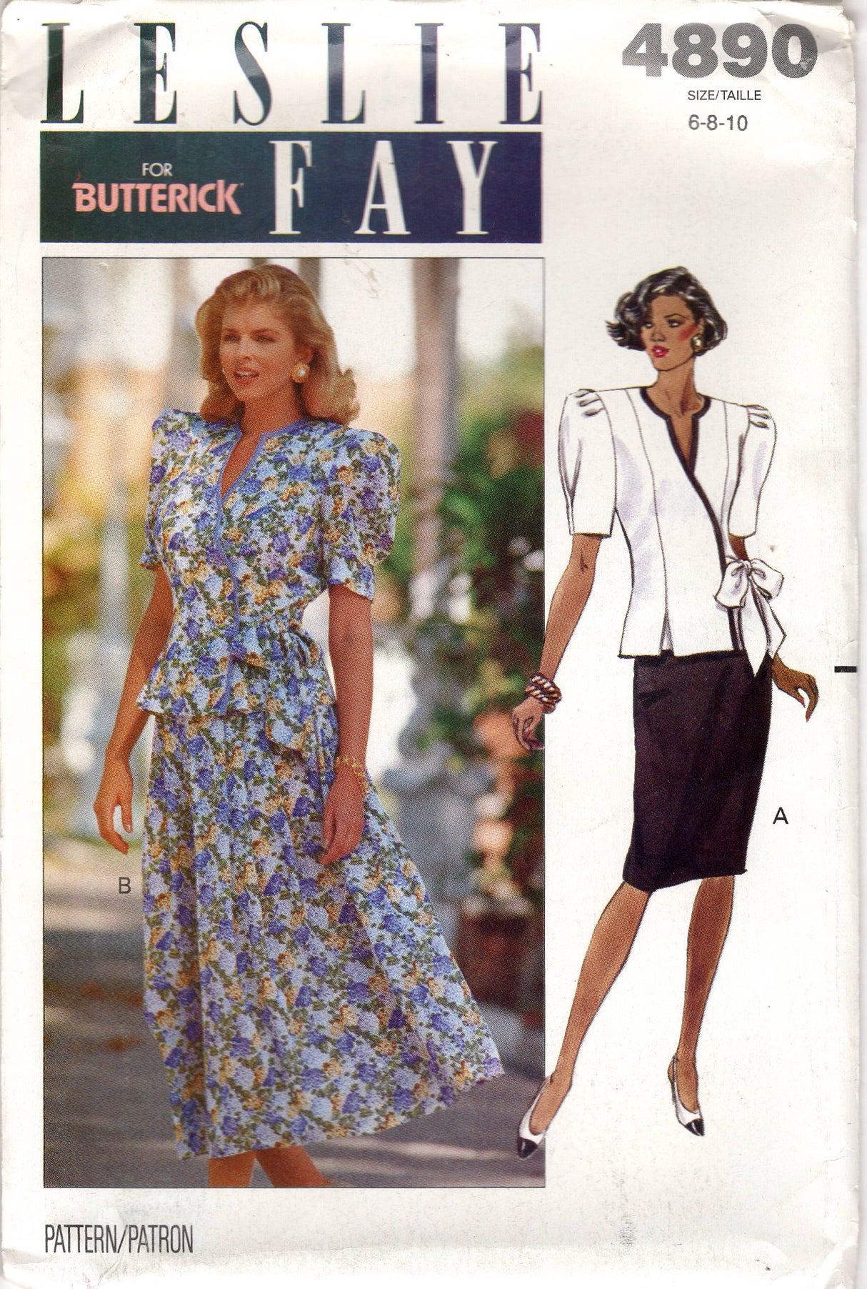 1990's Butterick with Leslie Fay Wrap Top with Puff Sleeve and Pencil or Flared Skirt Pattern- Bust 30.5-32.5" - No. 4890