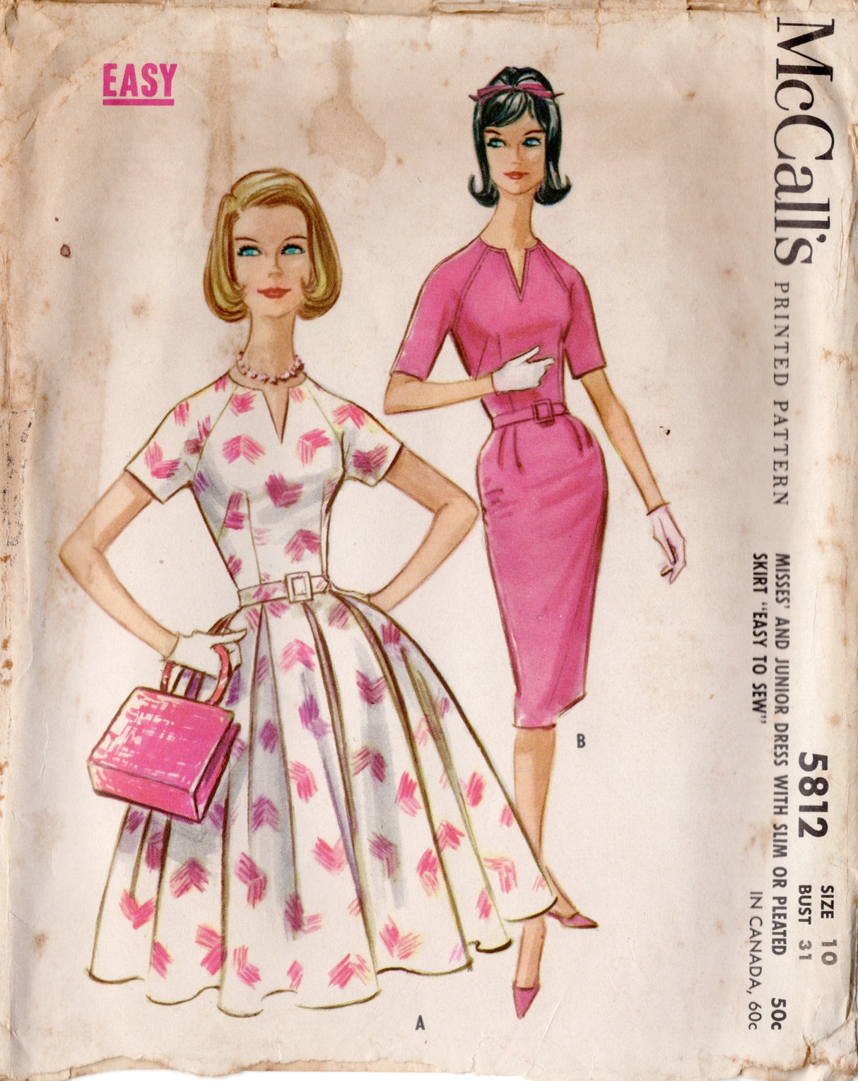 1960's McCall's One Piece Sheath or Fit and Flare Dress Pattern with Notched Neckline and Raglan Sleeves - Bust 31" - No. 5812