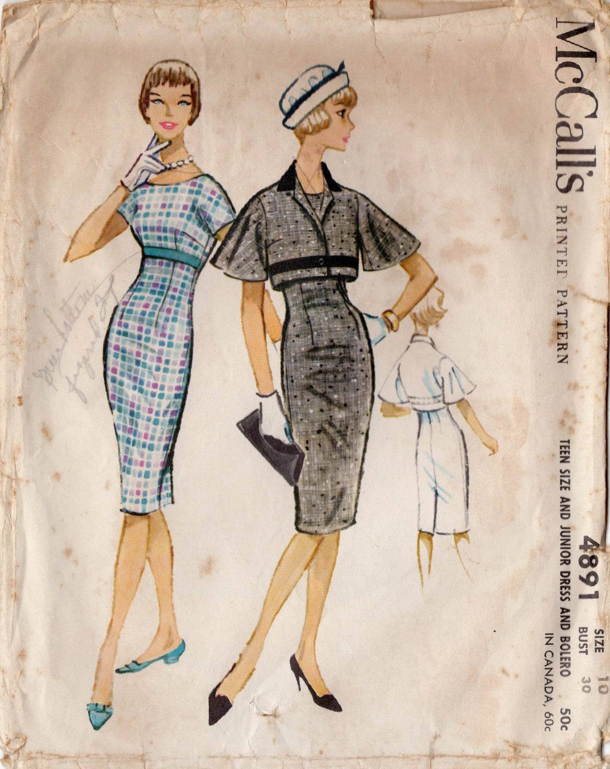 1950's McCall's One Piece Sheath Dress and Bolero Jacket Pattern with Bell Sleeves - Bust 30" - No. 4891
