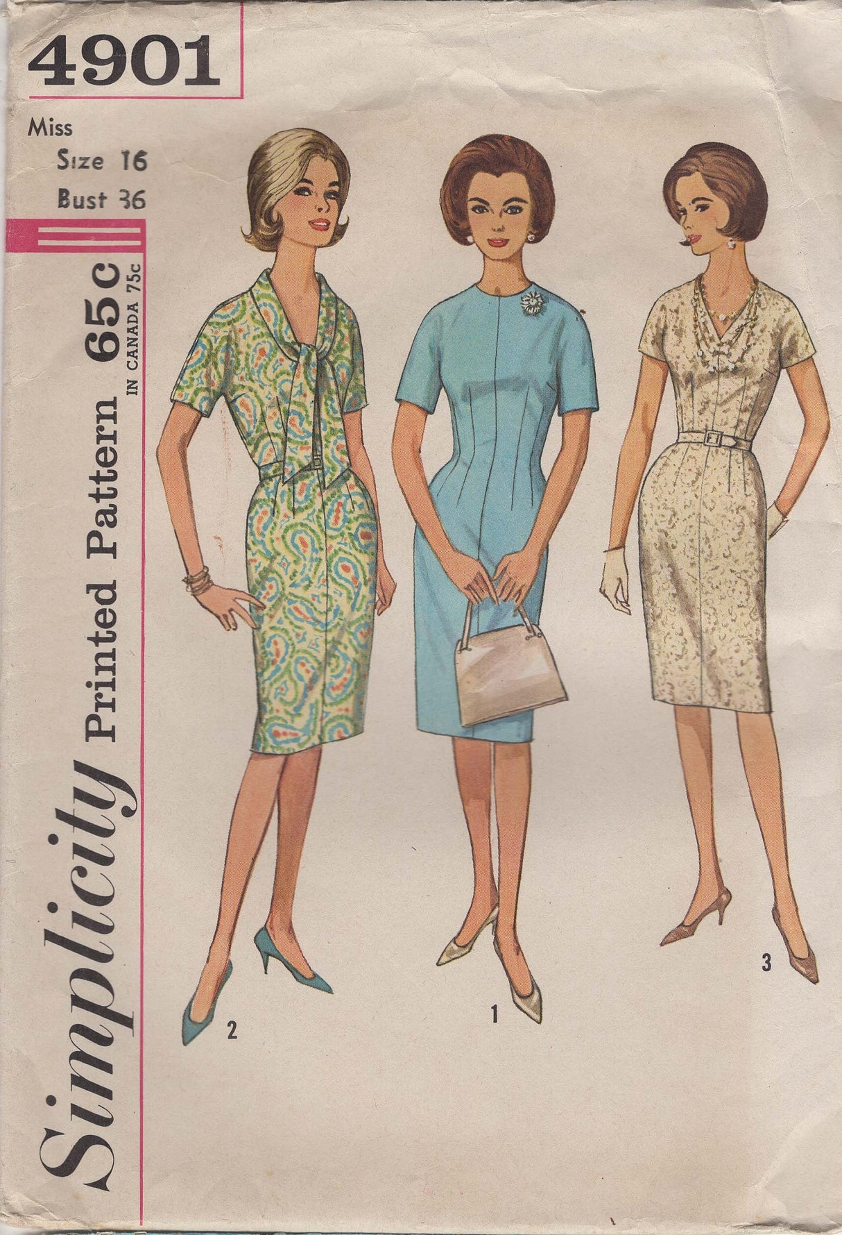 1960's Simplicity Sheath Dress Pattern with 3 Necklines - Bust 36" - No. 4901
