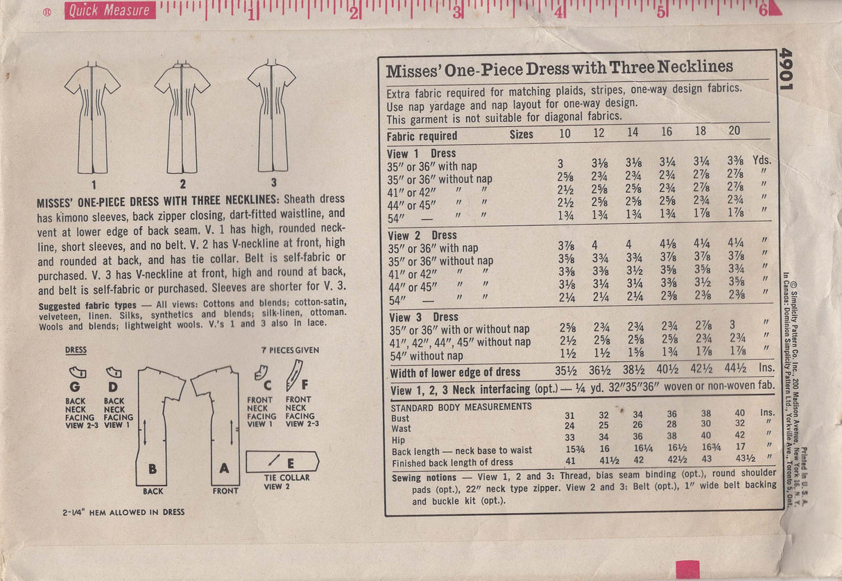 1960's Simplicity Sheath Dress Pattern with 3 Necklines - Bust 36" - No. 4901