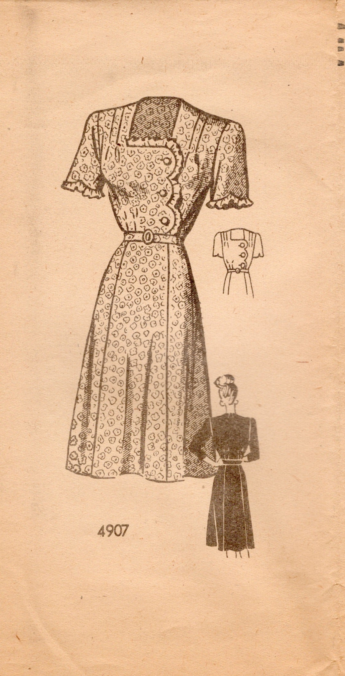 1940's Anne Adams Scalloped Off Center Button Bodice Shirtwaist Dress - Bust 38" - No. 4907