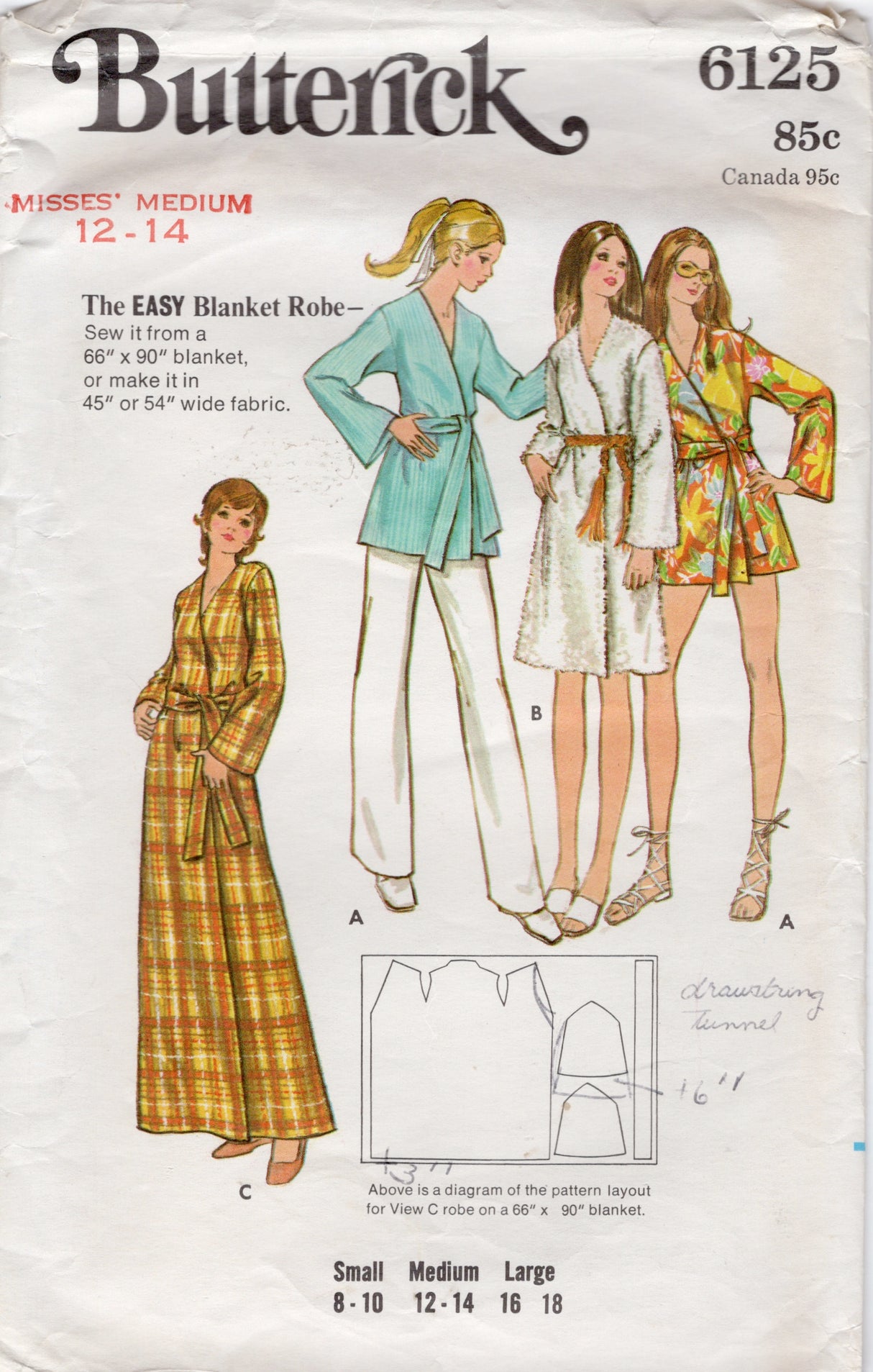 1970's Butterick EASY Blanket Robe Pattern - Bust 34-36" - No. 6125