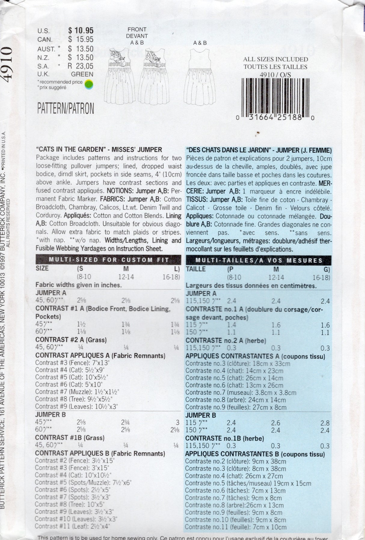 1990's Butterick "Cat's in the Garden" Jumper Dress Pattern - Bust 31.5-40" - No. 4910