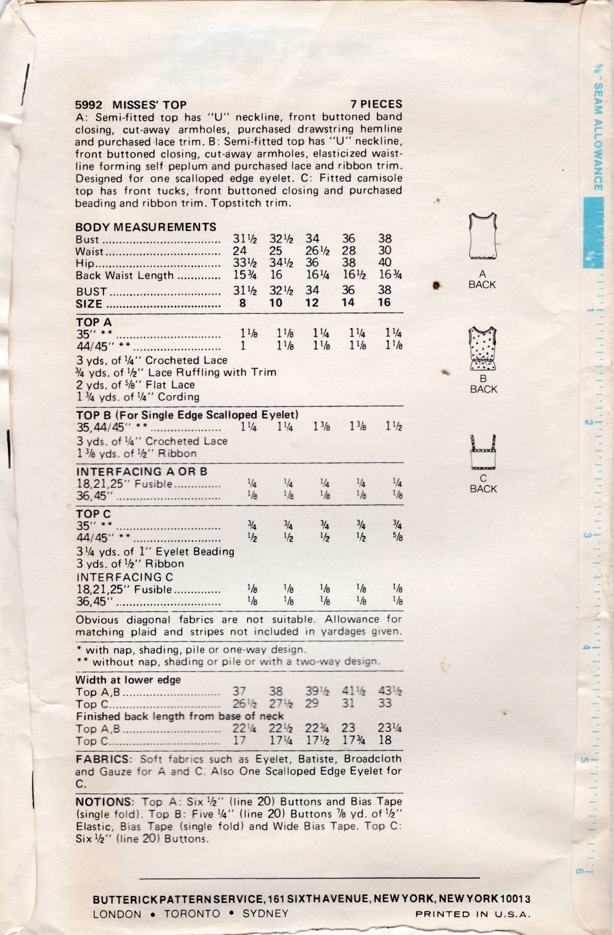 1970's Butterick Button Up Camisole Shirt Pattern - Bust 36" - No. 5992