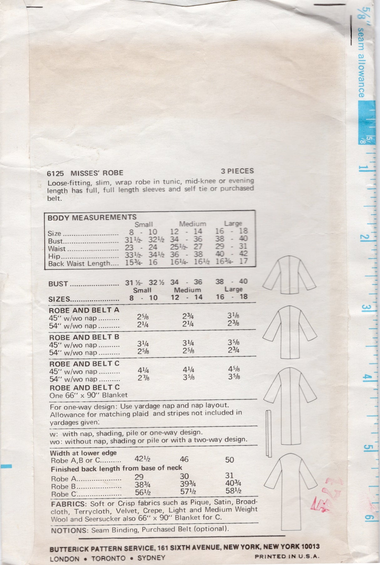 1970's Butterick EASY Blanket Robe Pattern - Bust 34-36" - No. 6125