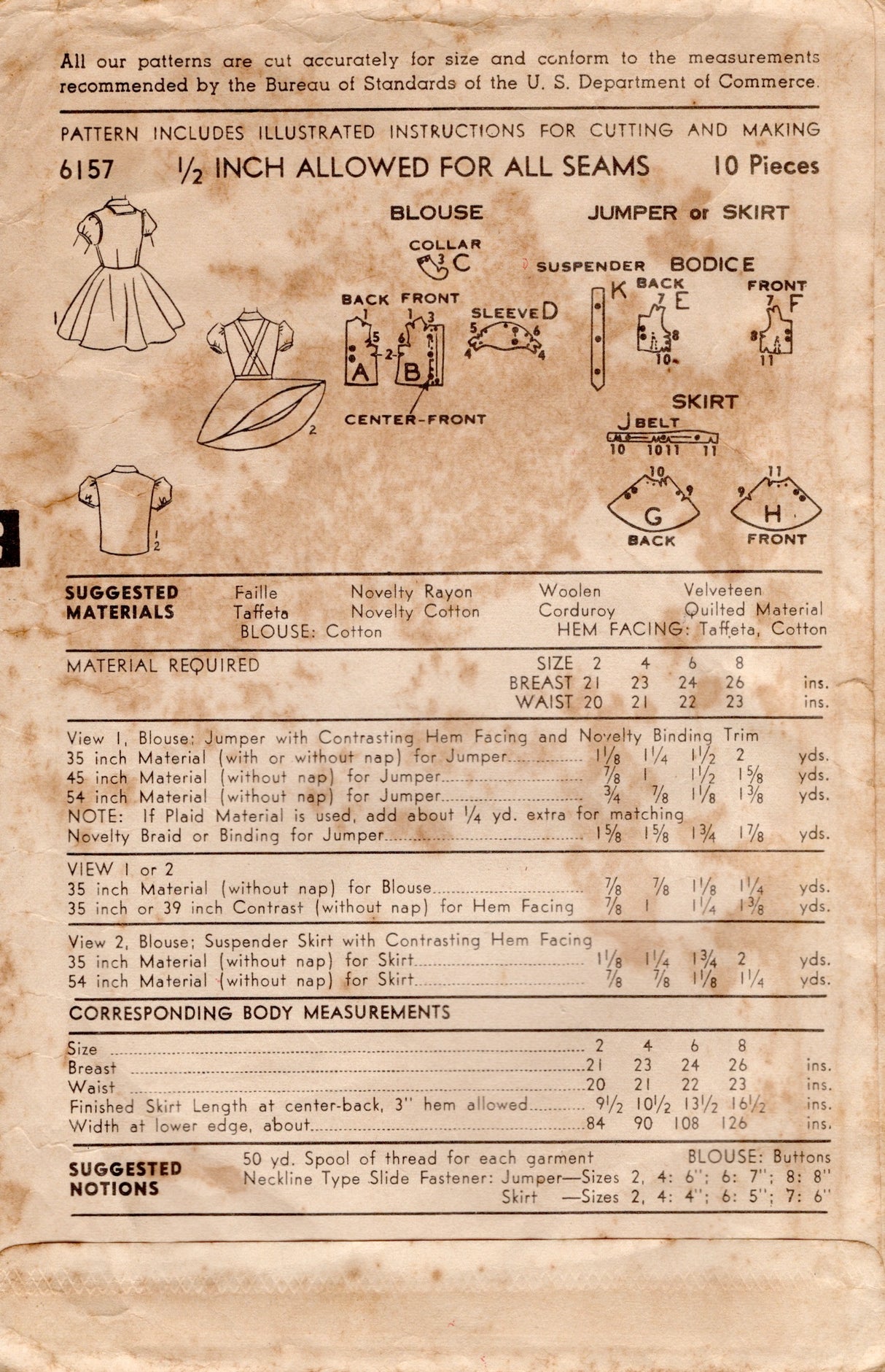 1950's Advance Child's Button Up Blouse and Suspender Skirt Pattern - Chest 26" - No. 6157