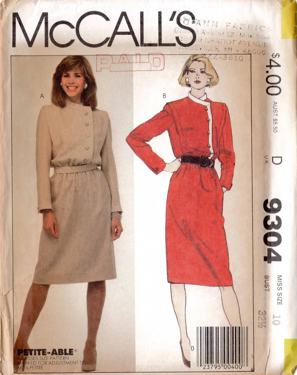 1980's McCall's Side Button Shirtwaist Dress Pattern - Bust 32.5" - No. 9304
