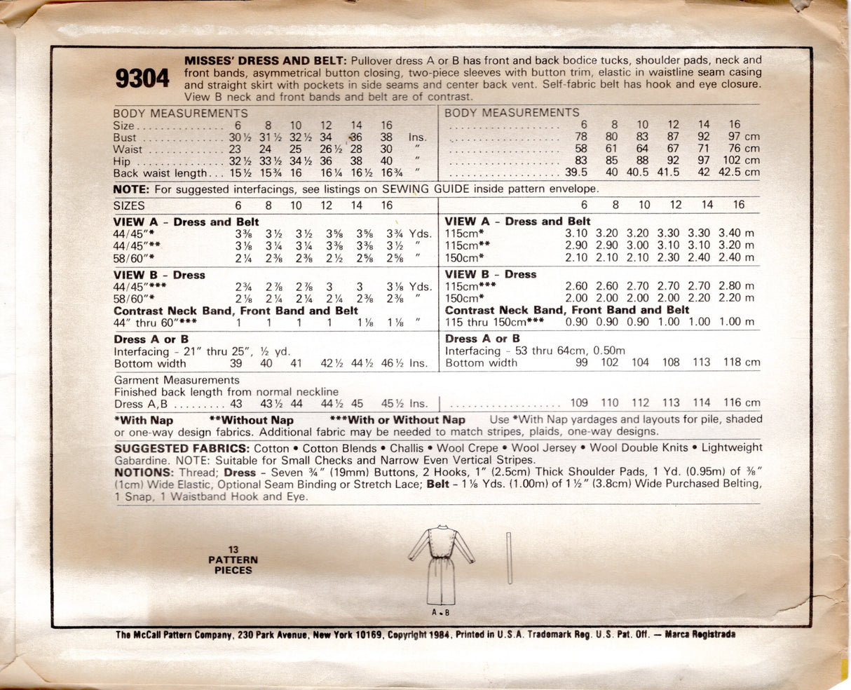 1980's McCall's Side Button Shirtwaist Dress Pattern - Bust 32.5" - No. 9304