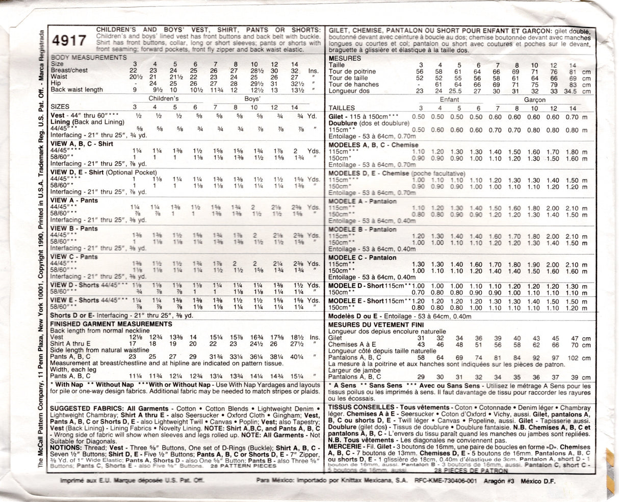 1990's McCall's Child's Vest, Shirt and Pants or Shorts Pattern - Chest 32" - No. 4917