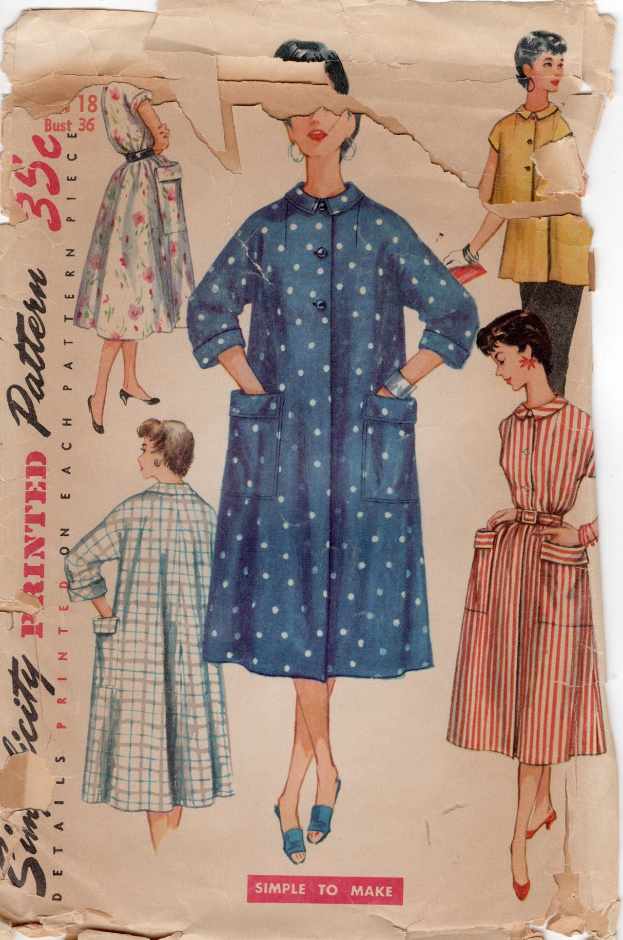 1950’s Simplicity Duster Dress or Housecoat Pattern - Bust 36" - No. 4925