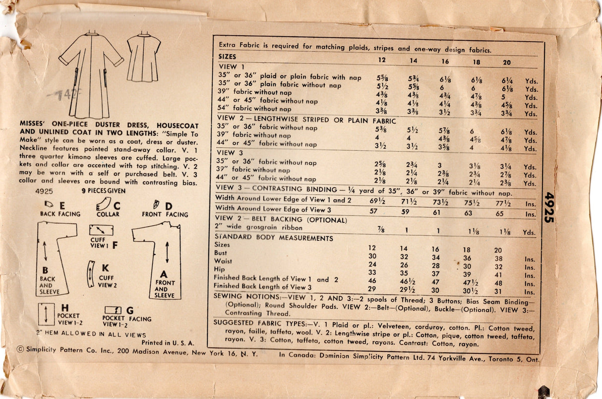 1950’s Simplicity Duster Dress or Housecoat Pattern - Bust 36" - No. 4925