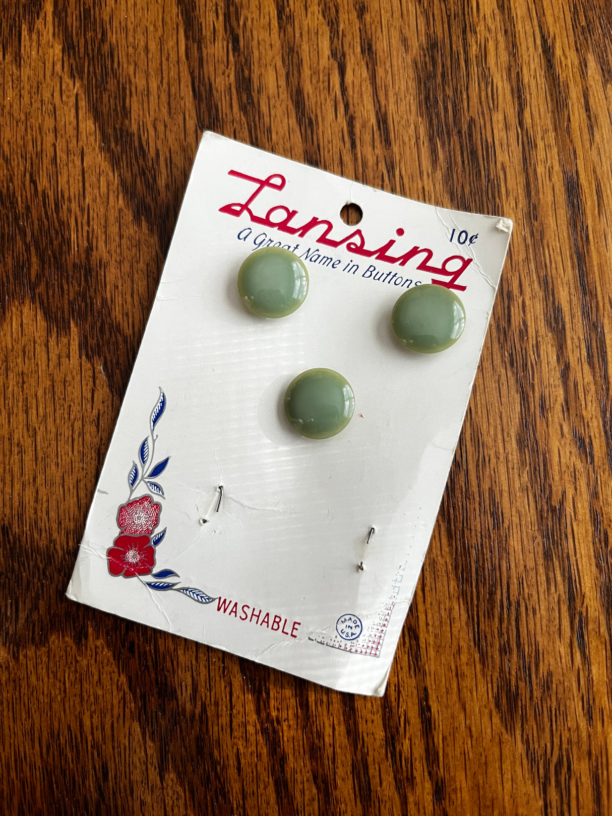 1950’s Lansing Light Green Pearlescent Plastic Shank Button - Set of 3 - 1/2" - on card