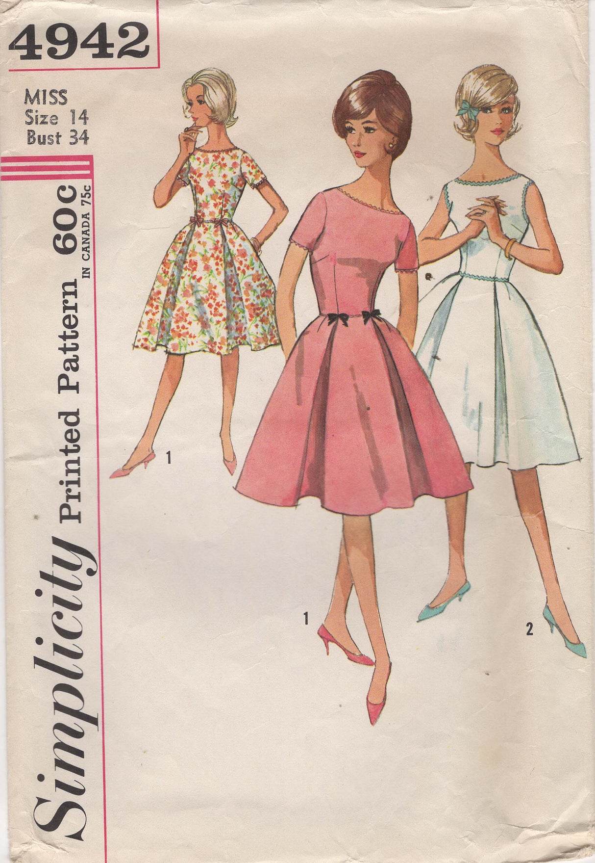 1960's Simplicity Fit and Flare Dress with Boat Neckline - Bust 34" - No. 4942