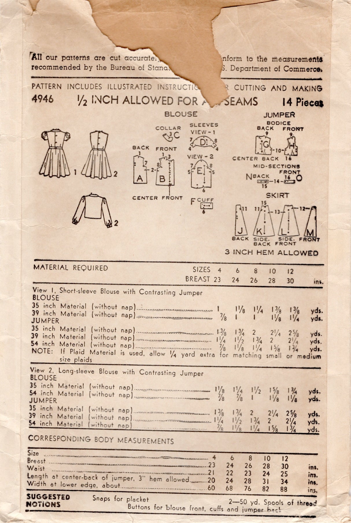 1940’s Advance Child’s Dress and Button up Shirt Pattern – Chest 24” - No. 4946