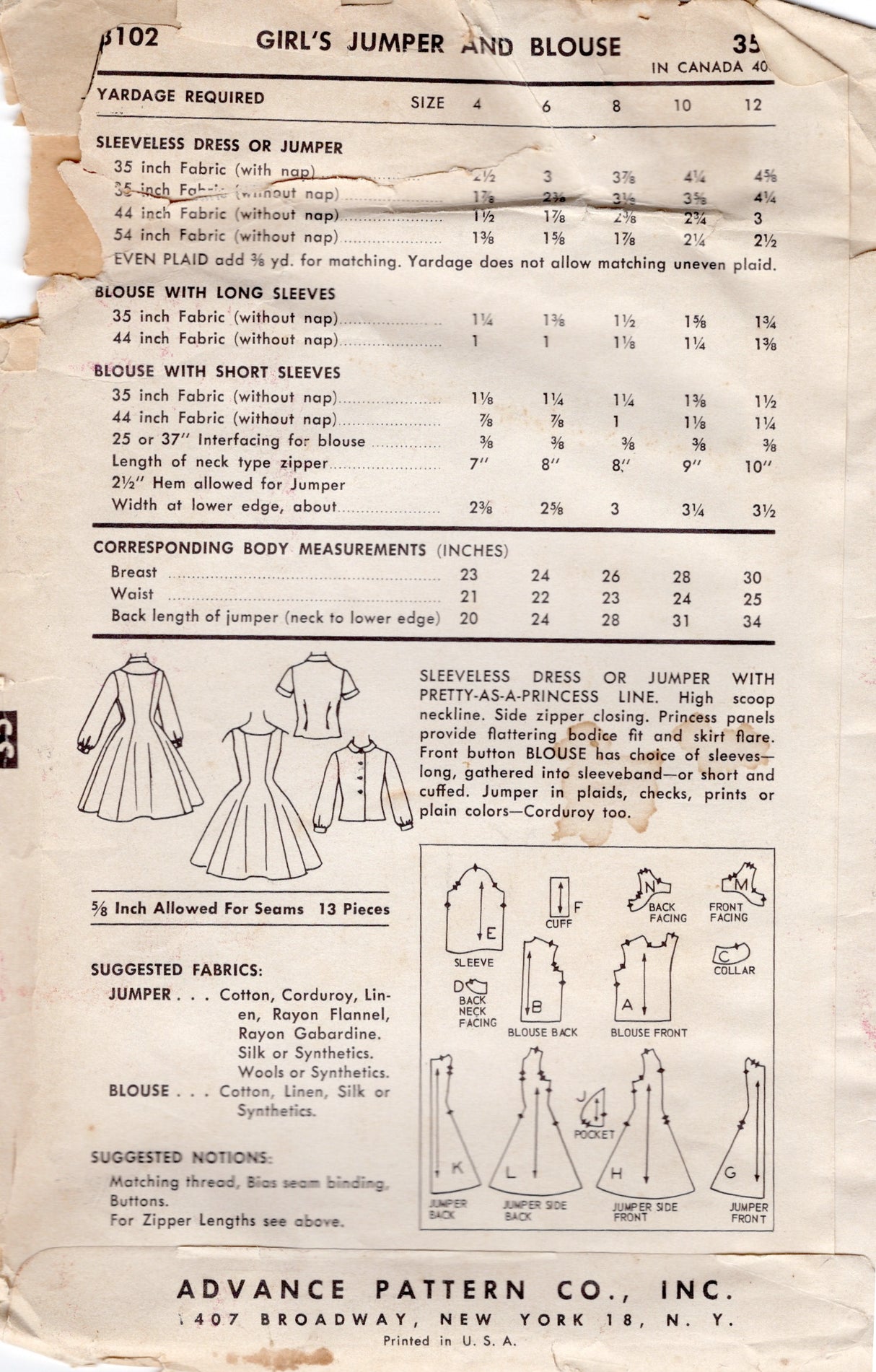 1950's Advance Child's Princess-line Dress and Button Up Shirt Pattern - Chest 30" - No. 8102