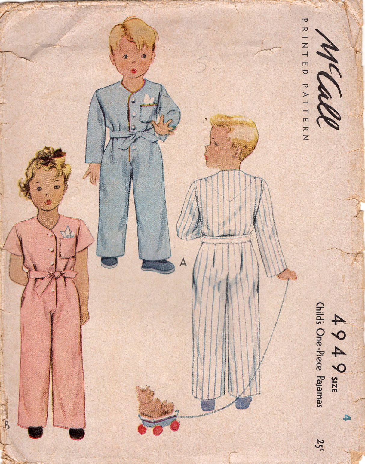 1940's McCall Child's One Piece Pajamas - Sz 4 - Chest 23" - No. 4949