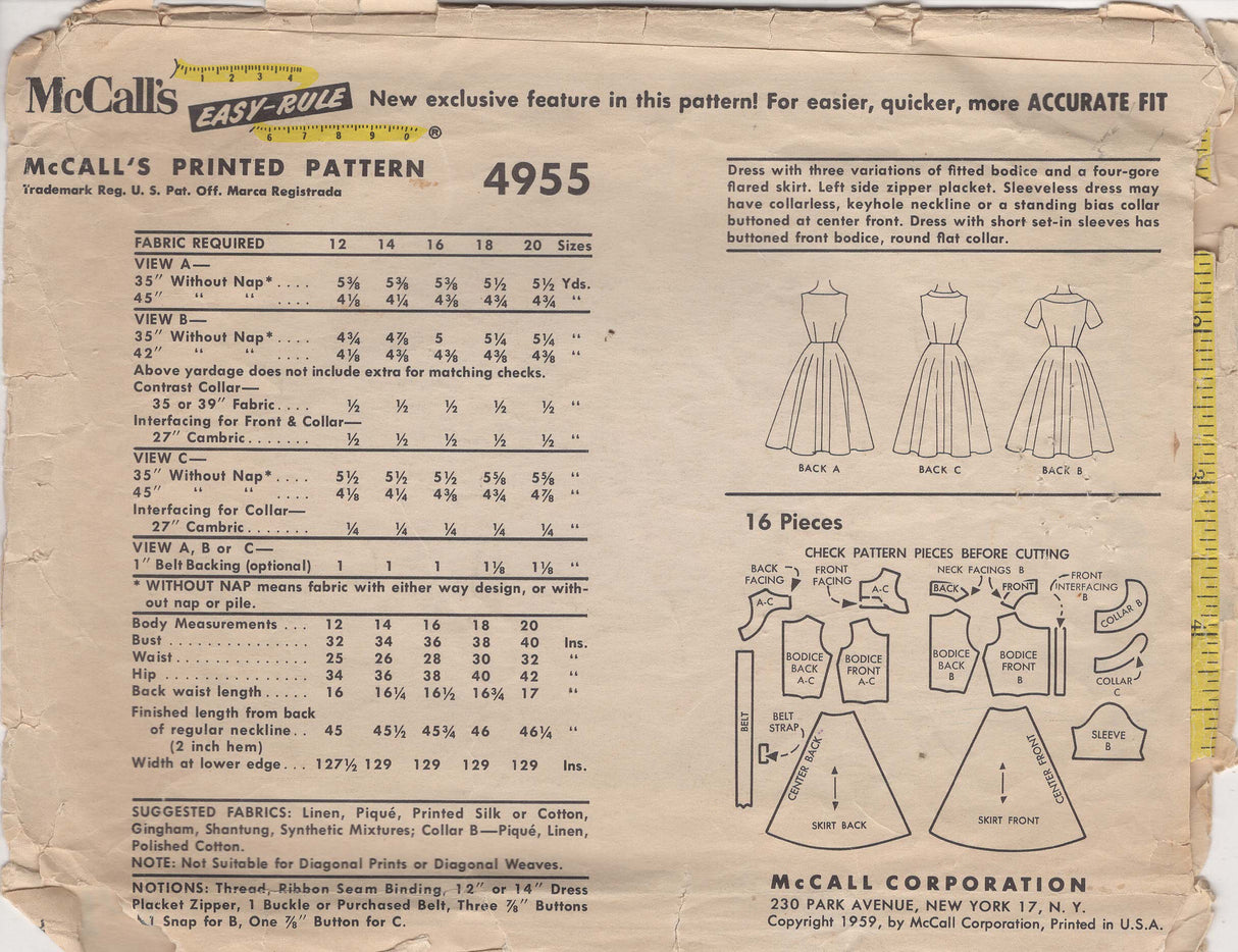 1950's McCall’s Shirtwaist or Notched Bodice Dress pattern- Bust 32” - No. 4955