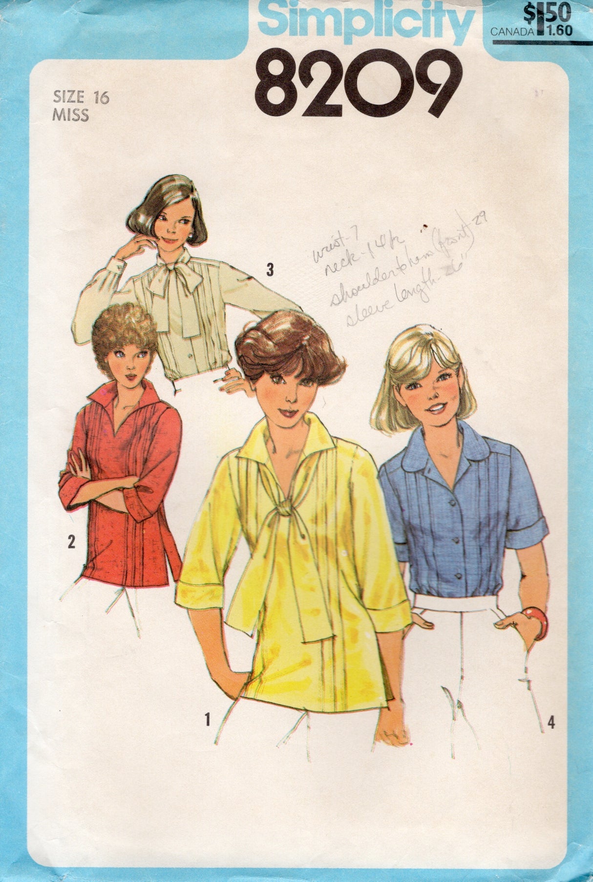 1970's Simplicity Pin Tucked Blouse Pattern with Pussy Bow - Bust 38" - No. 8209