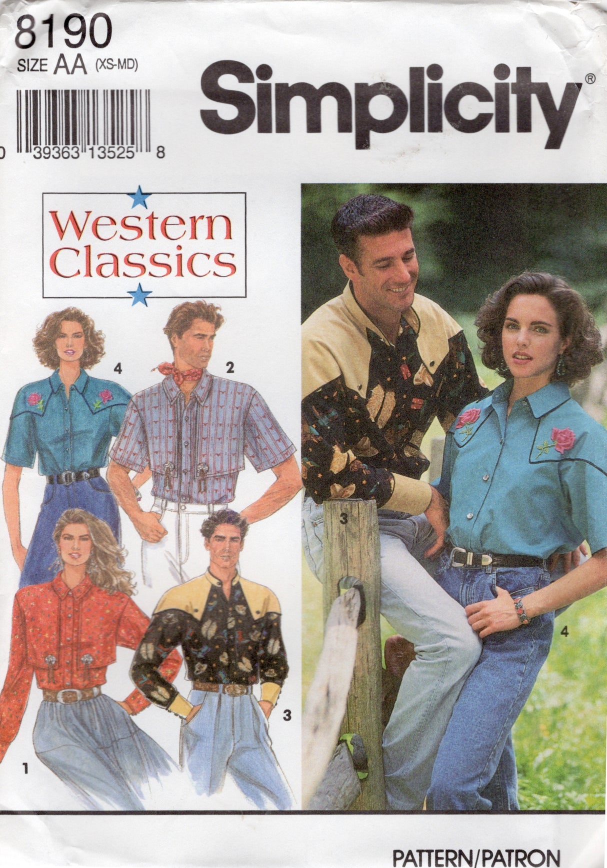 1990's Simplicity Button Up Western Shirt Pattern - Bust/Chest 30-40" - No. 8190