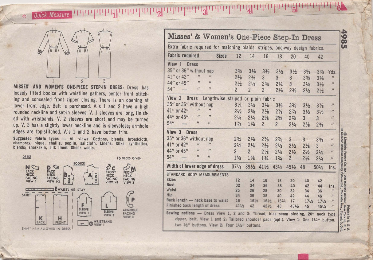 1960's Simplicity Sheath Dress Pattern - Bust 34" - No. 4985