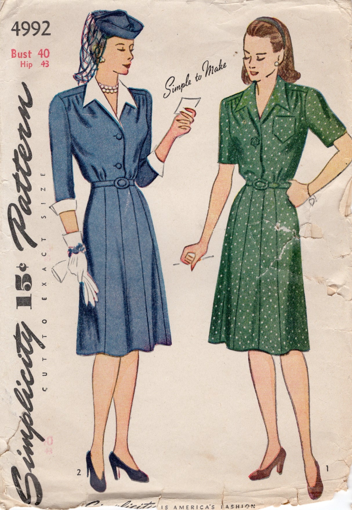 1940's Simplicity Shirtwaist Dress and Dickey Pattern - Bust 40" - No. 4992
