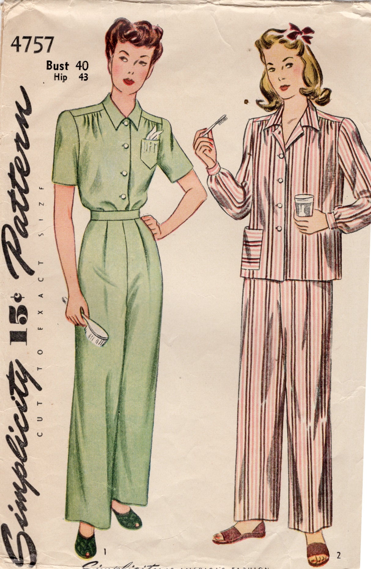 1940's Simplicity Two-Piece Pajama Pattern - Bust 40" - No. 4757