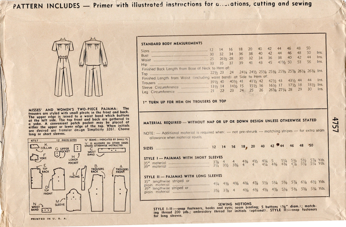 1940's Simplicity Two-Piece Pajama Pattern - Bust 40" - No. 4757