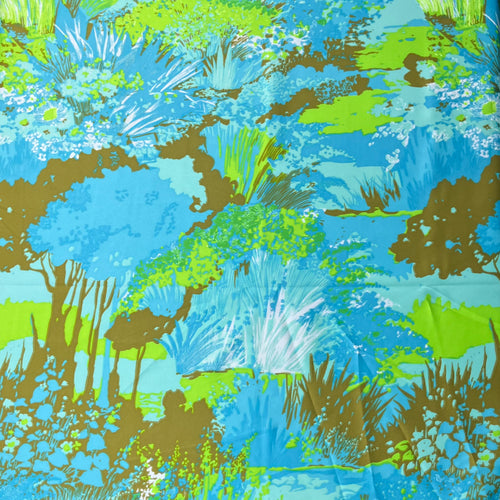 1970’s Bright Green and Blue Tree and Floral Border Print “Satinessa” Fabric