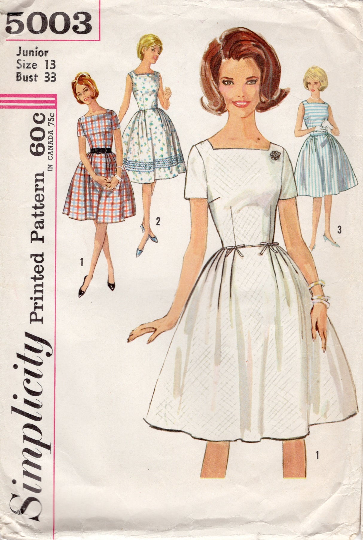 1960's Simplicity Square Neckline Fit and Flare Dress Pattern with or without sleeves - Bust 33" - No. 5003