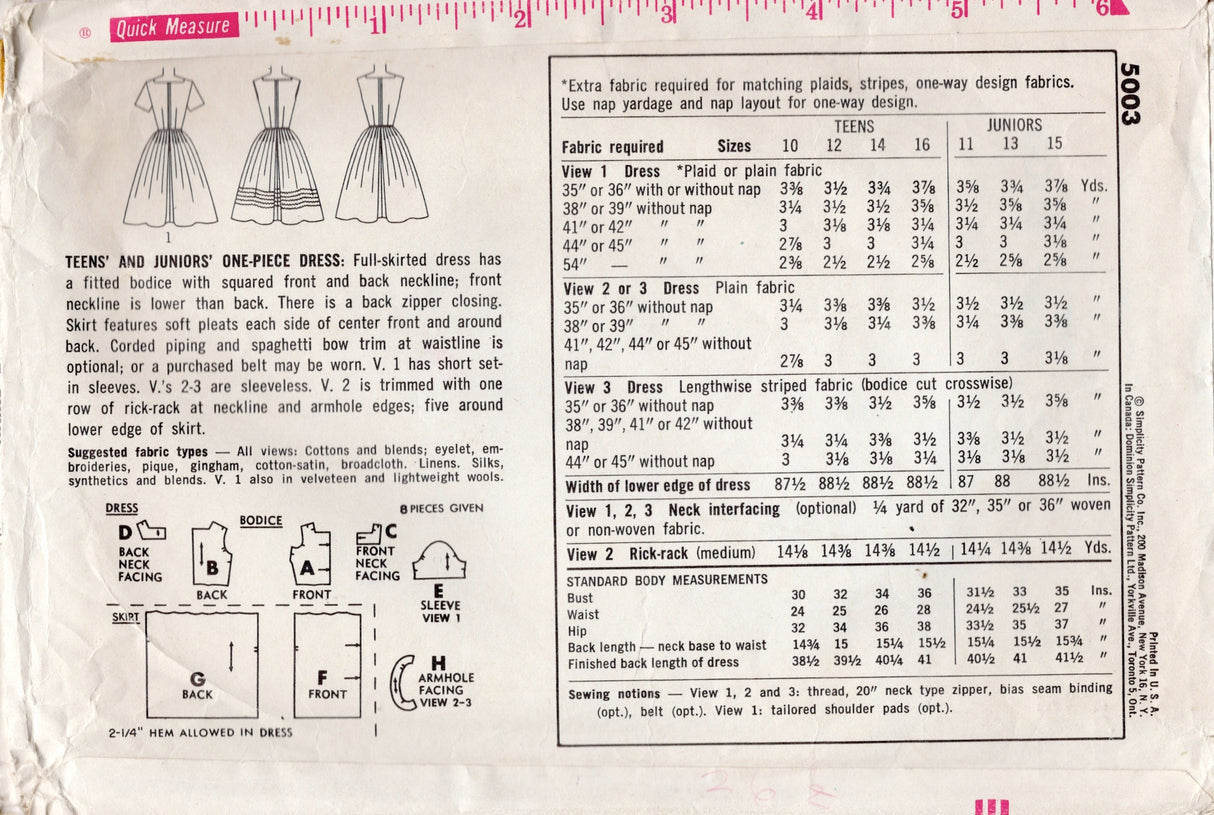 1960's Simplicity Square Neckline Fit and Flare Dress Pattern with or without sleeves - Bust 33" - No. 5003